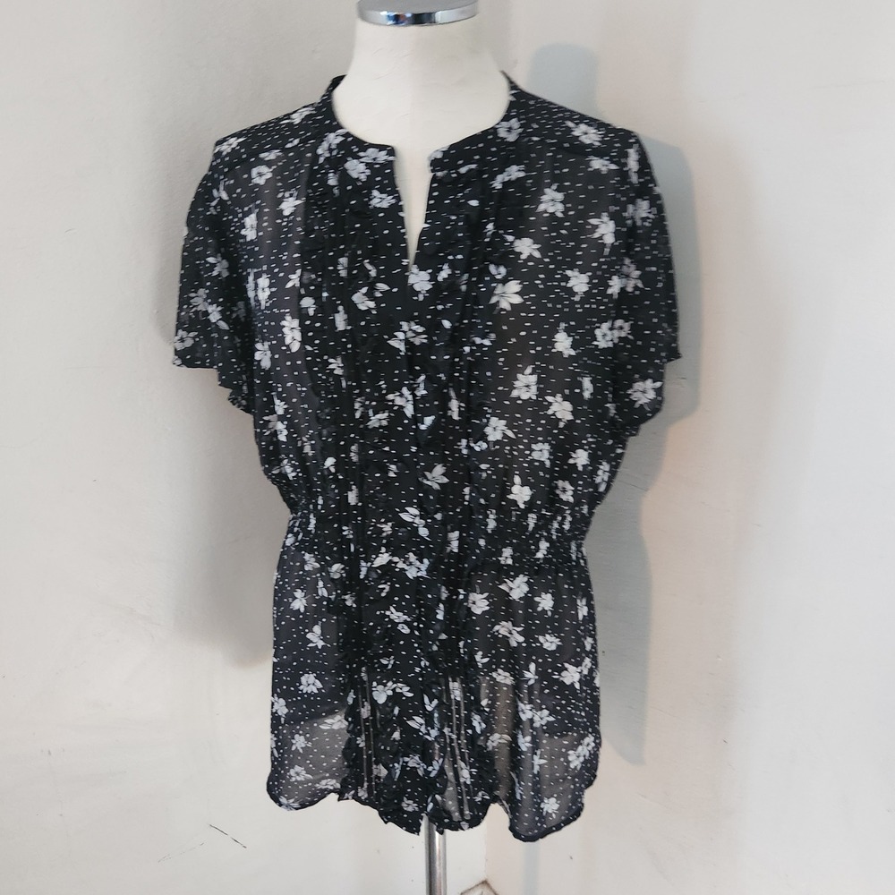 Torrid Black Floral Polka Dot Smocked Waist Chiffon Ruffle Blouse Size 2 2X